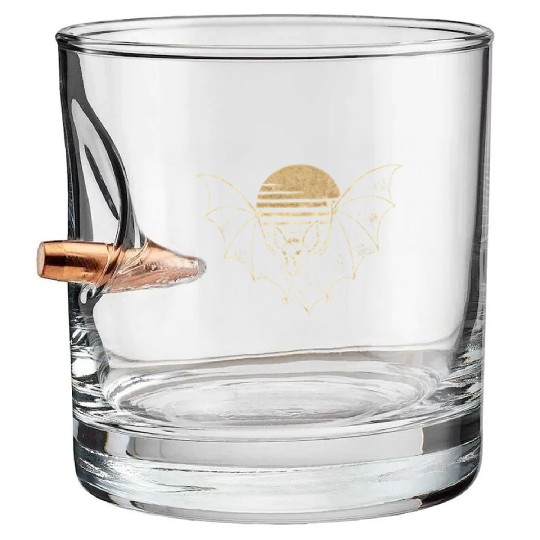 Retro Sunset Bat Silhouette with Full Moon Bullet Whiskey Glasses
