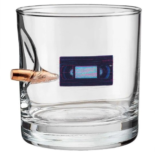 Retro VHS Tape Neon Glow Design Bullet Whiskey Glasses