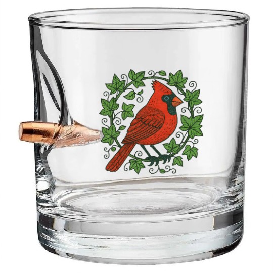 Vibrant Cardinal Amidst Ivy Leaves Bullet Whiskey Glasses