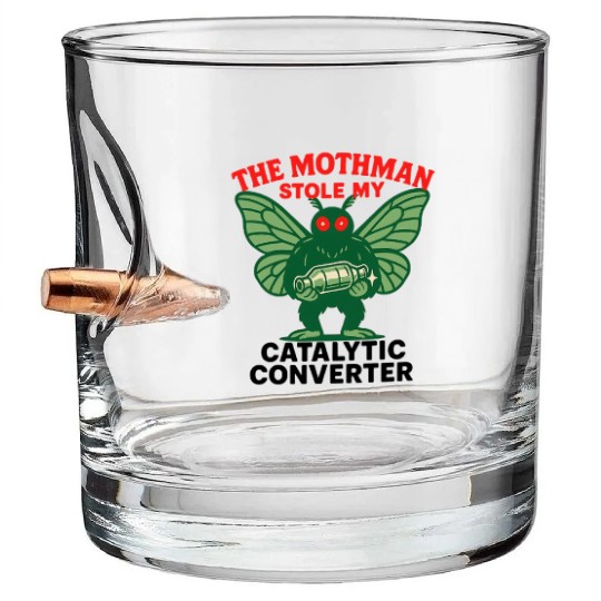 The Mothman Stole My Catalytic Converter – Green M Bullet Whiskey Glasses