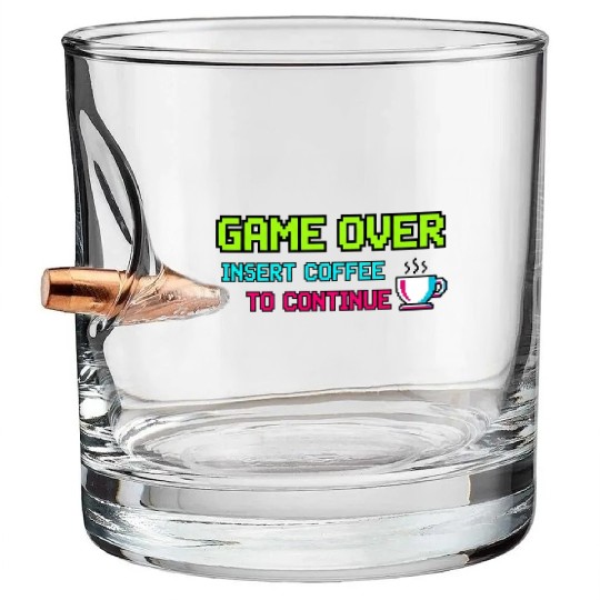 Pixelated Video Game Over Coffee Illustration Bullet Whiskey Glasses