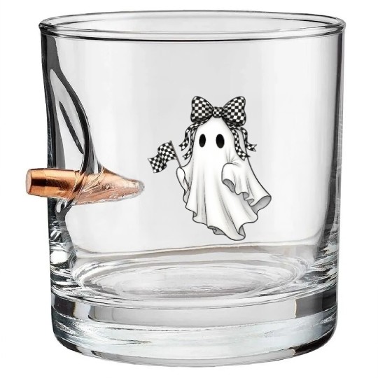 Ghost Boo Checkered Bow Race Day Racing Flag Racer Bullet Whiskey Glasses