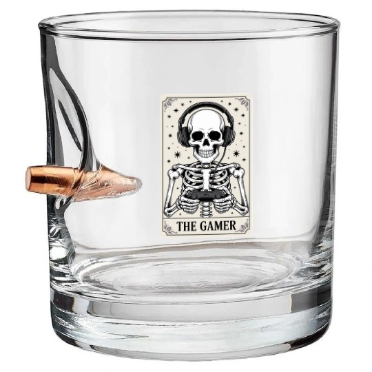 Tarot Card Skeleton Video Game Halloween Gamer Bullet Whiskey Glasses