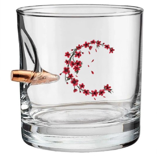 Red Moon Cherry Blossom Sakura Flower Design Bullet Whiskey Glasses