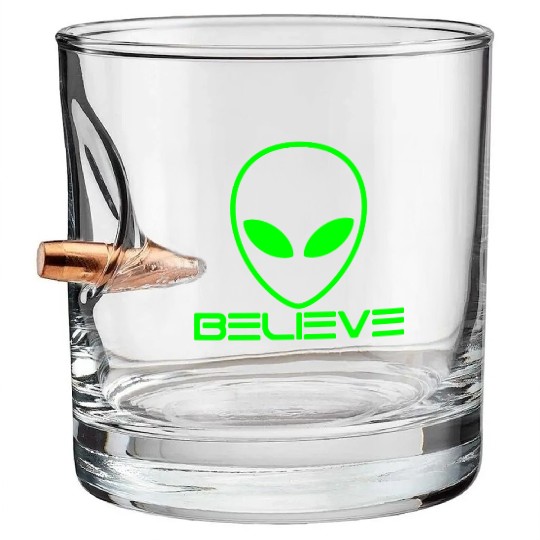 Alien Believe Funny Science UFO Bullet Whiskey Glasses