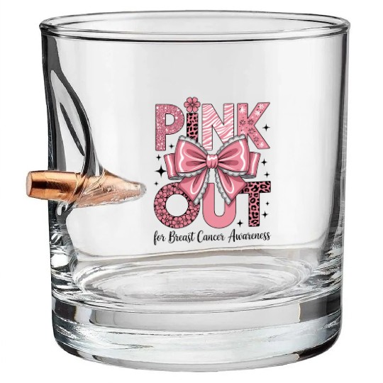 Pink Out Breast Cancer Awareness Coquette Bow  Bullet Whiskey Glasses