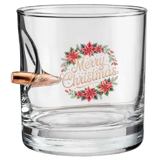 Elegant Poinsettia Wreath Merry Christmas Script Bullet Whiskey Glasses