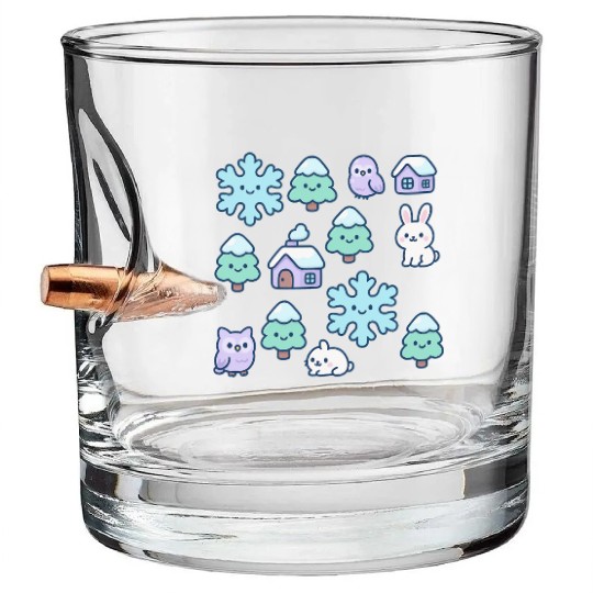 Whimsical Snowy Forest and Cute Creatures Design Bullet Whiskey Glasses