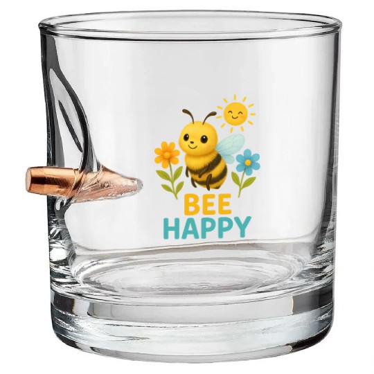Bee Happy Bullet Whiskey Glasses – Cute Bee with Flowers and Sun