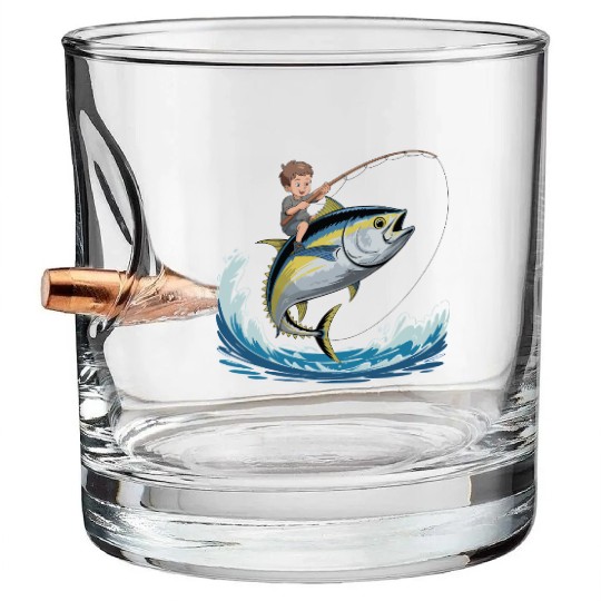Joyful young boy rides massive jumping tuna Bullet Whiskey Glasses