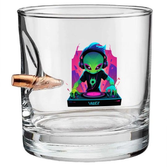 A cute chibi-style alien dark DJ Bullet Whiskey Glasses