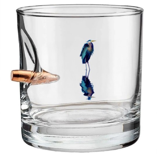 Great Blue Heron Stands Reflected Bullet Whiskey Glasses