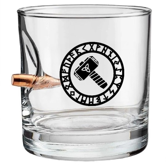 Thors Hammer, Runes, Triquetra, Mjolnir, Pagan Bullet Whiskey Glasses