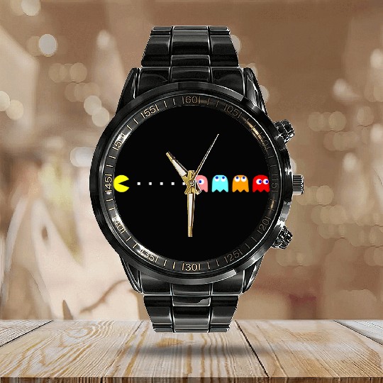 Vintage Pac Man Video Game Fun Calendar Steel Band Watch