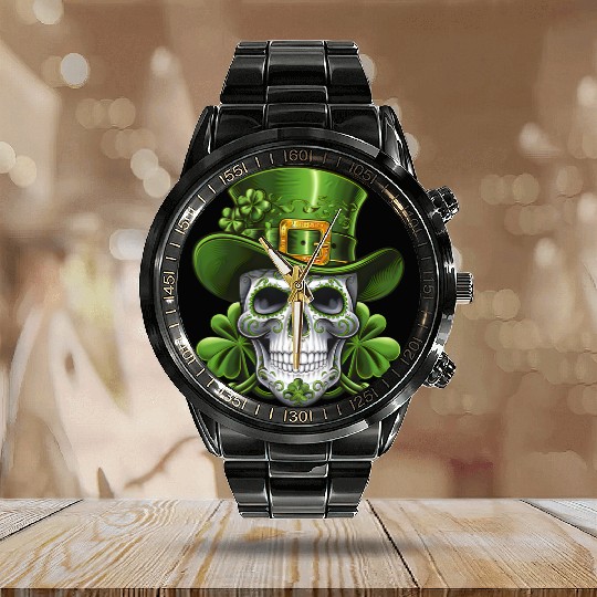 Sugar Skull St Patrick's Day Shamrock Calendar Steel Band Watch