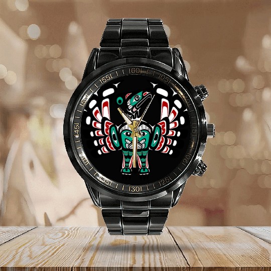 Native American Red Black Green Haida Thunderbird Calendar Steel Band Watch