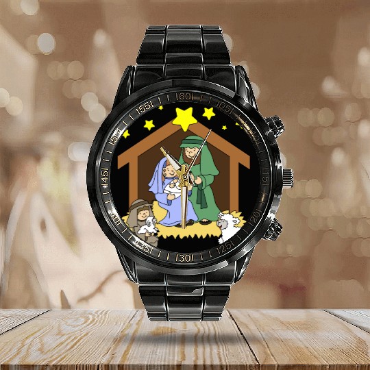 Nativity Scene Calendar Steel Band Watch