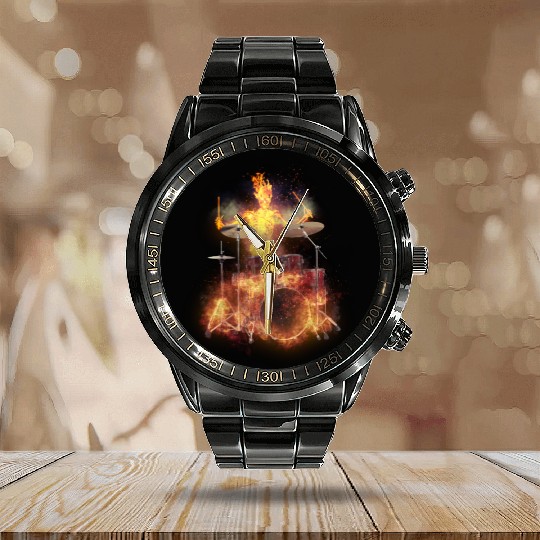 Flaming Skeleton Drumer S Calendar Steel Band Watch