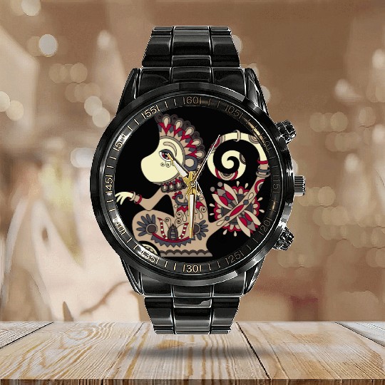 Aztec Monkey Calendar Steel Band Watch