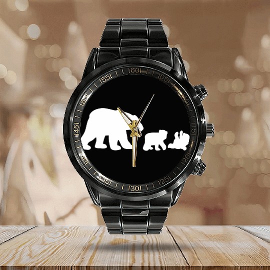 POLAR BEAR AND CUBS Calendar Steel Band Watch