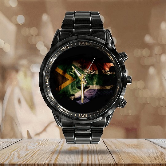 South Africa Flag & African Lion Picture Calendar Steel Band Watch
