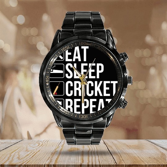 Cricket Player Gift - Eat Sleep Cricket Repeat Calendar Steel Band Watch