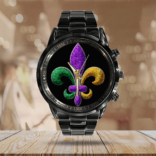 Mardi Gras New Orleans SaintsFleur De Lis Bling Calendar Steel Band Watch