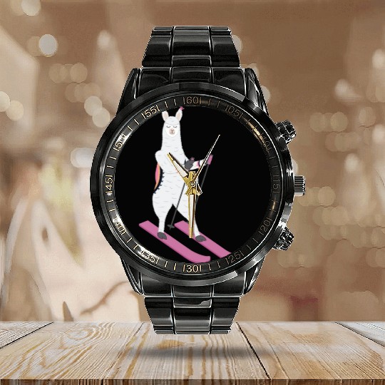 Cute Alpaca Llama Skiing Ski Snowboard Sport Gift Calendar Steel Band Watch