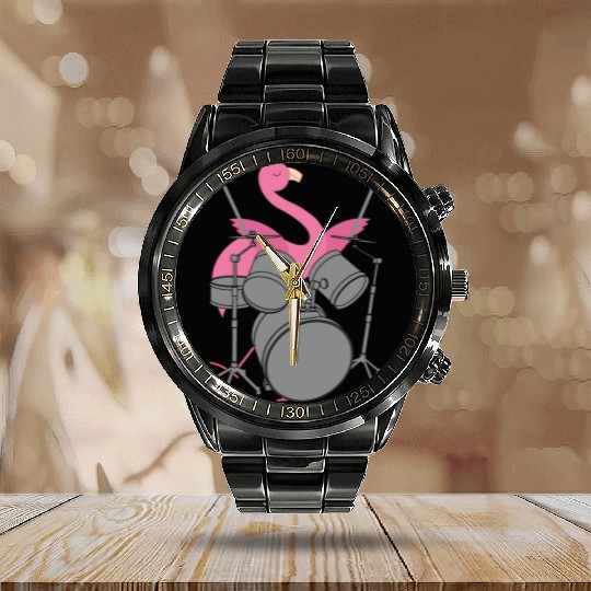 Cute Pink Flamingo Playing Drums Musician Gift Calendar Steel Band Watch