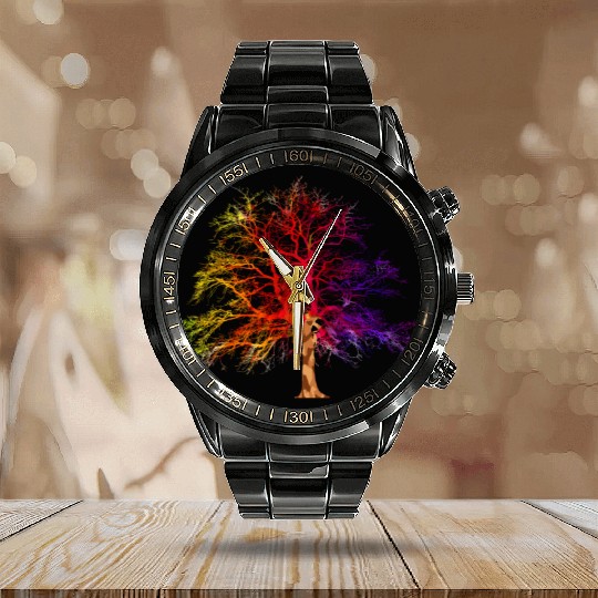 Fantasy tree gradient chakra forest peace Calendar Steel Band Watch