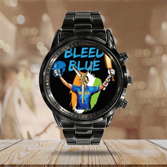 Indian Cricket Team Supporters Bleed in Blue Calendar Steel Band Watch