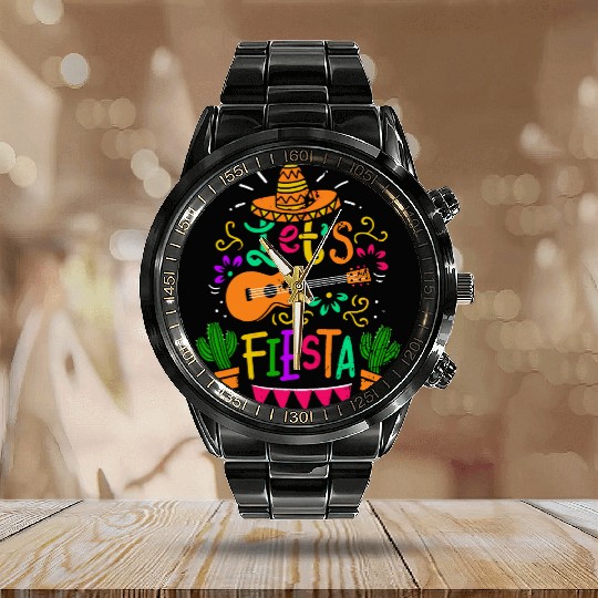 Cinco De Mayo Cactus Sombrero Fiesta Guitar Funny Calendar Steel Band Watch