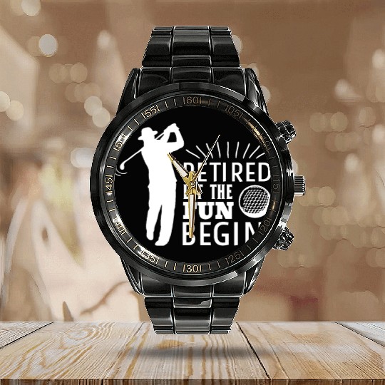 Retired Let the Fun Begin Retirement Golf Calendar Steel Band Watch