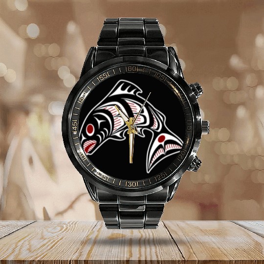 Native American Red Black Haida Vector Salmon Calendar Steel Band Watch