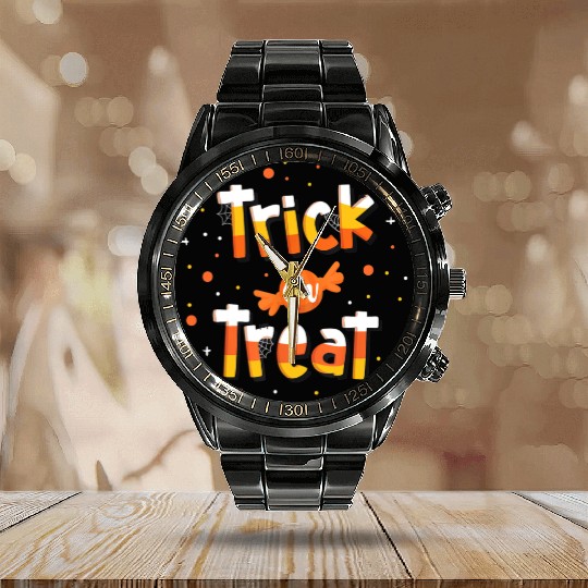 Trick Or treat Candy Yellow and Orange Cute Calendar Steel Band Watch