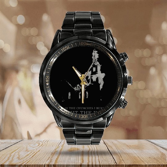 Burning Church Occult Antichrist Satan Atheist Calendar Steel Band Watch