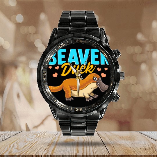 Beaver Duck Platypus Pun Cute Duck Billed Platypus Calendar Steel Band Watch