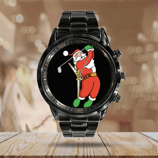 Santa Claus Golfing Christmas Design Calendar Steel Band Watch