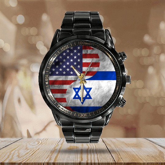 USA Israel Dual Yin Yang Flag Calendar Steel Band Watch