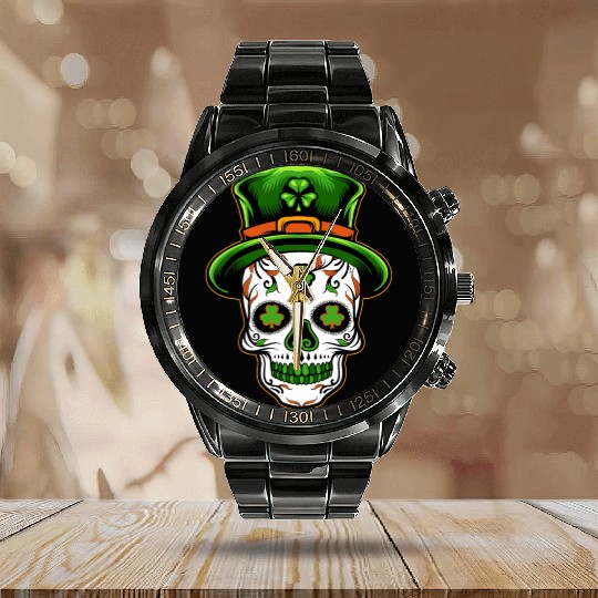 Sugar Skull St Patricks Day Calendar Steel Band Watch
