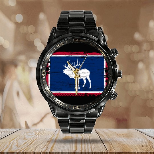 Wyoming Flag Elk Hunting Season For Deer Hunter Calendar Steel Band Watch