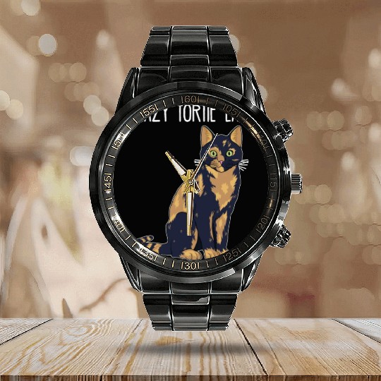 Crazy Tortie Lady Tortoise Shell Cat Owner graphic Calendar Steel Band Watch