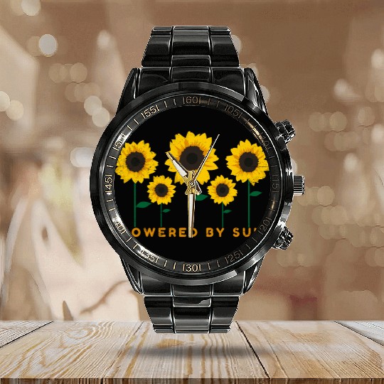 Sunflower Powered By Sun Summer Gift Idea Calendar Steel Band Watch