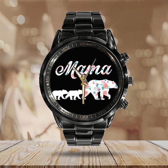Floral Mama Bear Mom of 2 Mama Bear and Cubs Calendar Steel Band Watch