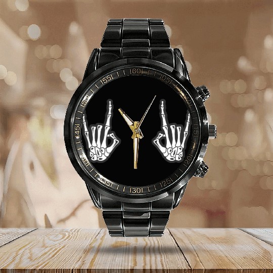 Skeleton Hands Rock N Roll Sign of the Horns Corna Calendar Steel Band Watch