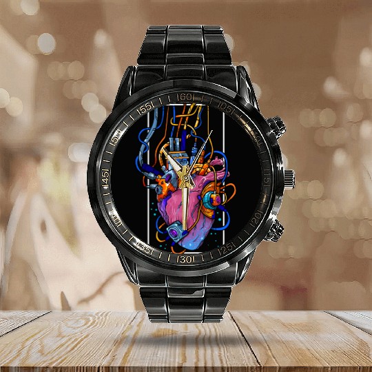 Cyborg Robot Heart Vaporwave Futuristic Cyberpunk Calendar Steel Band Watch