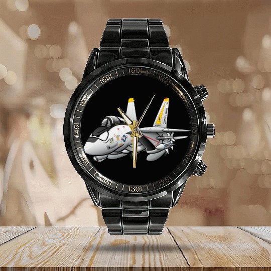 F-14 Tomcat Military Fighter Jet Aircraft Cartoon Calendar Steel Band Watch