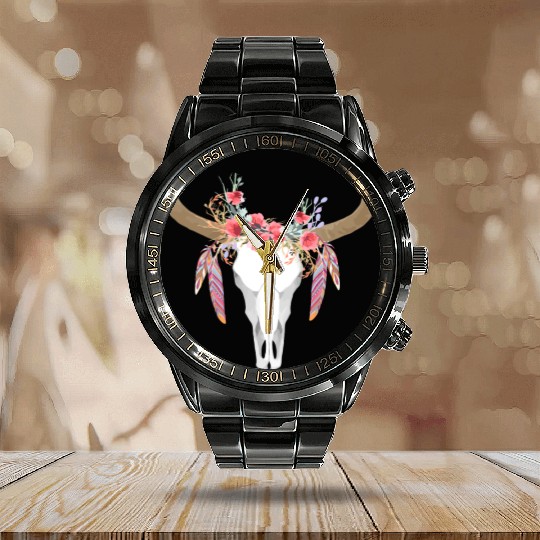 Floral Cow Skull With Feathers Bull Skull Calendar Steel Band Watch