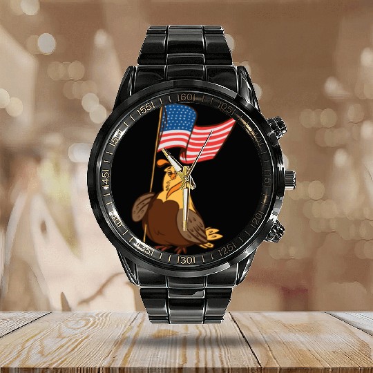 US Quail patriot with banner cute cartoon quail Calendar Steel Band Watch