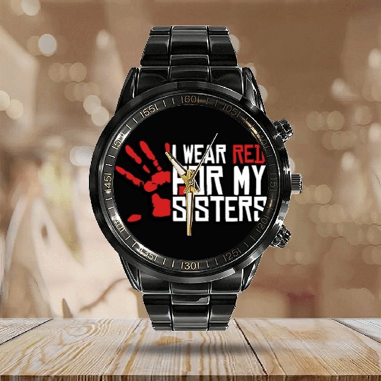 I Wear Red For My Sisters Native American MMIW Calendar Steel Band Watch